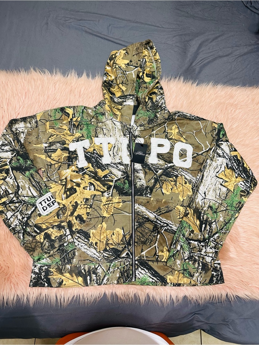 Camouflage Full-Zip Hoodie with Applique Lettering - Olive Green Heavy!